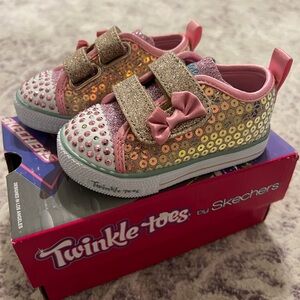 New Skechers Twinkle Toes Kids Sneakers - Gold and Pink, 5